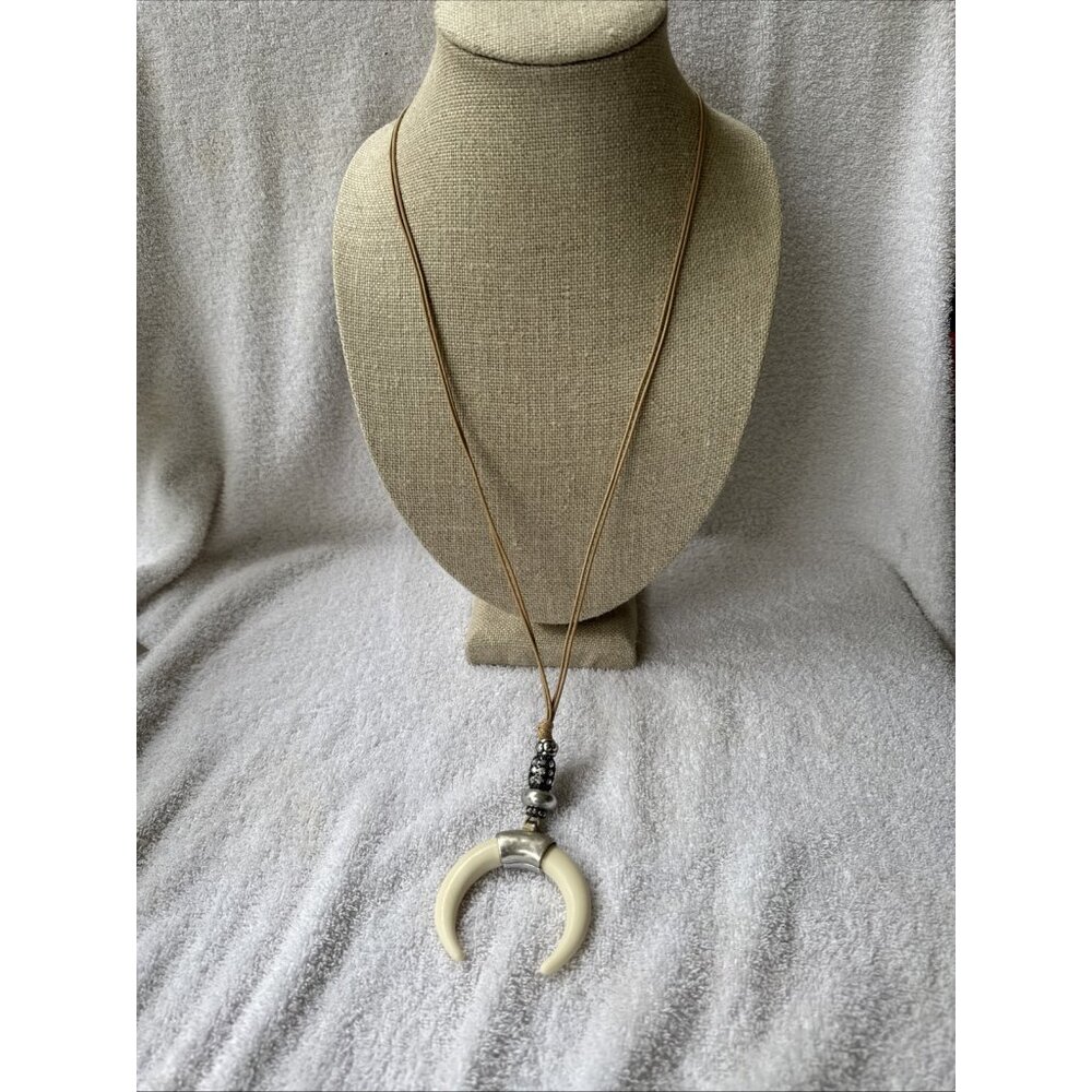 Chicos Faux Ivory Crescent Pendant Silver Tone 21" Long Statement Necklace NEW - Picture 3 of 15